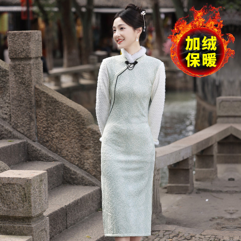 加绒旗袍秋冬款提花显瘦复古中国风长袖小个子短款改良旗袍连衣裙