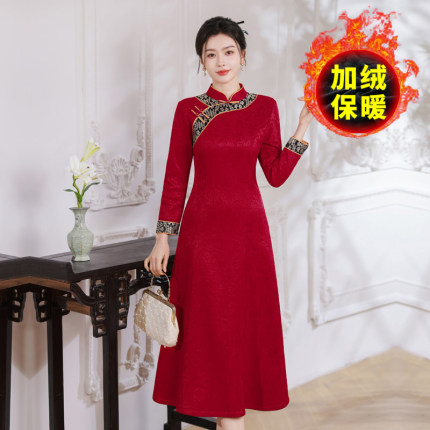 秋冬季加绒加厚改良旗袍长款结婚礼新中式喜婆婆妈妈装保暖连衣裙
