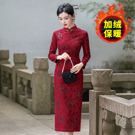 中年女秋冬季加绒加厚旗袍连衣裙高档喜婆婆妈妈保暖改良旗袍裙