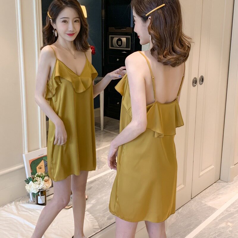 性感吊带睡裙女士家居服时尚夏季冰丝薄款荷叶边睡裙缎面睡衣纯色