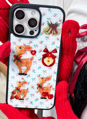 适用ins可爱圣诞新年碎花小鹿韩iPhone151416promax苹果亚克力软黑边手机壳红色