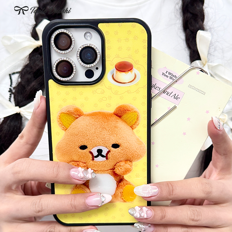 适用可爱贪吃轻松小熊布丁趣味复古日系古早苹果16手机壳15promax全包16pro壳