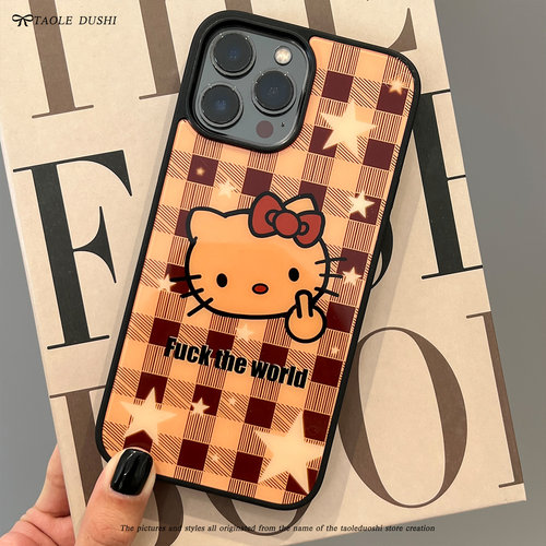 适用复古美式趣味黑皮hellokittyiPhone1314promax苹果亚克力软包