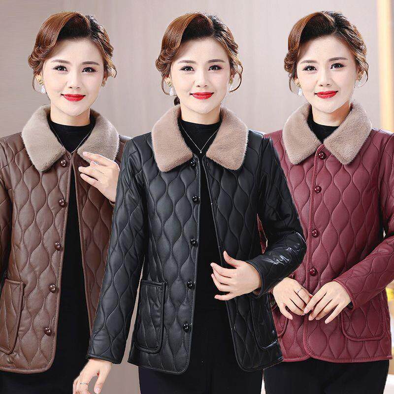 妈妈冬季外套皮衣免洗女士加绒加厚夹克中老年毛领时尚短款棉衣