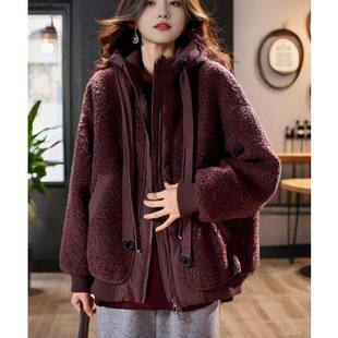 欧洲站高档安可拉红羊羔毛外套大码女装遮肉遮胯防寒保暖2024冬新