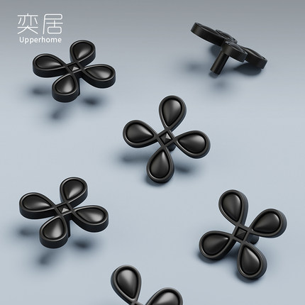四叶草哑光黑色黄铜柜门拉手新中式柜子衣柜抽屉橱柜复古法式把手