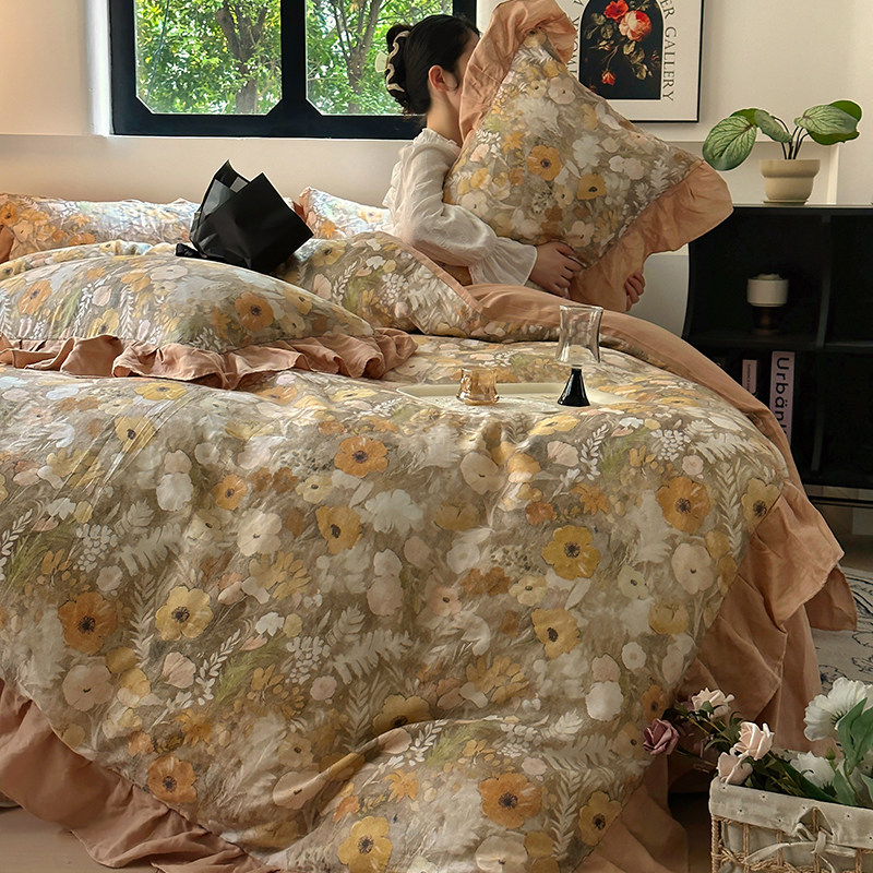 法式高端全棉双层纱床上四件套韩版纯棉花边被套床单床笠公主风
