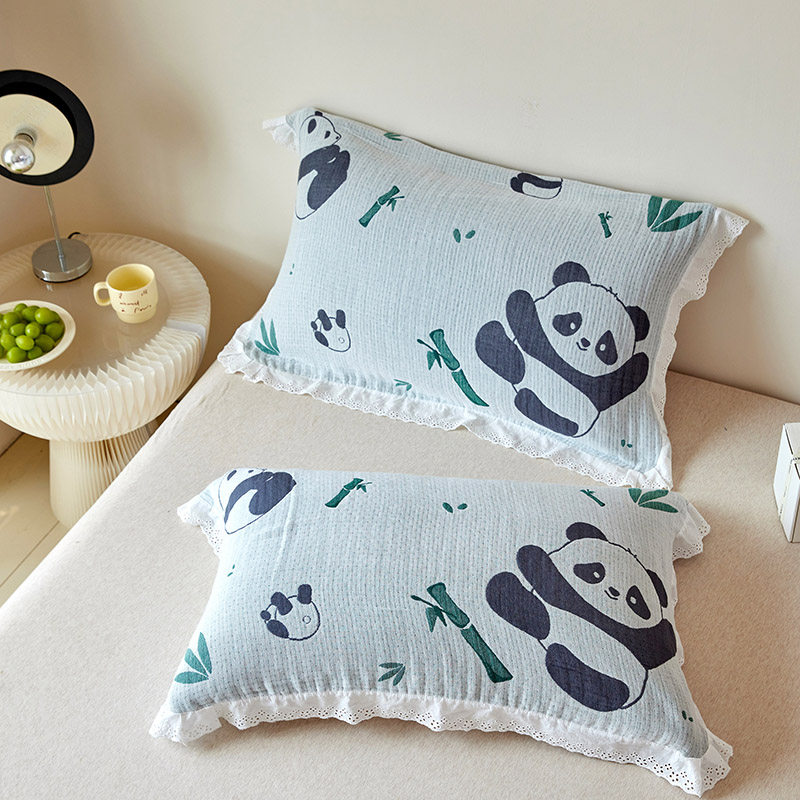 纯棉四层纱布枕巾成人家用盖巾竹棉皱皱纱全棉花边枕头巾四季通用