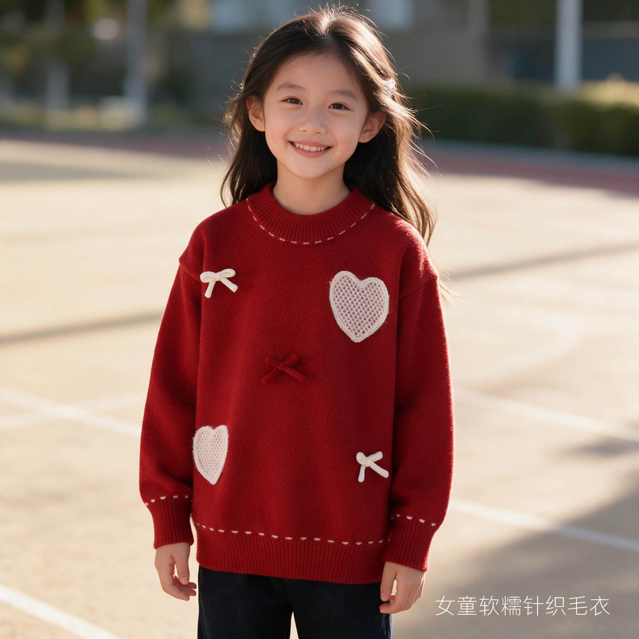 甜美女童红色爱心蝴蝶结套头毛衣