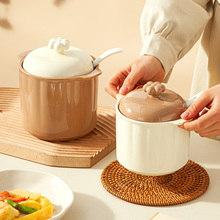 奶油风食品级猪油罐厨房家用大容量带盖耐高温陶瓷双耳收纳调味罐
