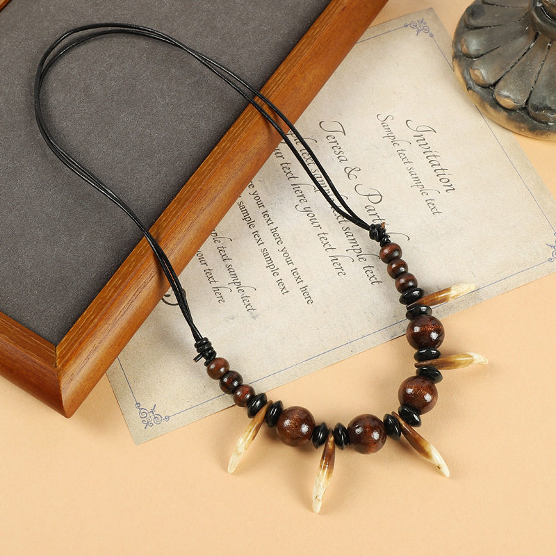 民族风木珠真狗牙项链男女古韵个性狼牙吊坠狗牙齿挂件藏式配饰品