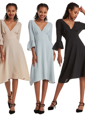 春夏雪纺女深V领性感宽幅袖子气质魅力纯色优雅风情连衣裙CS531