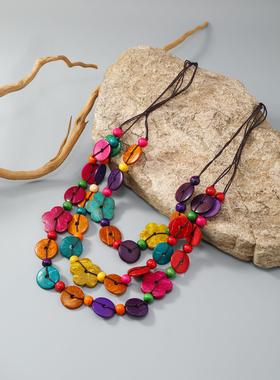 项链项链民族风欧美长款蝴蝶花卉多层彩色椰壳木珠项链