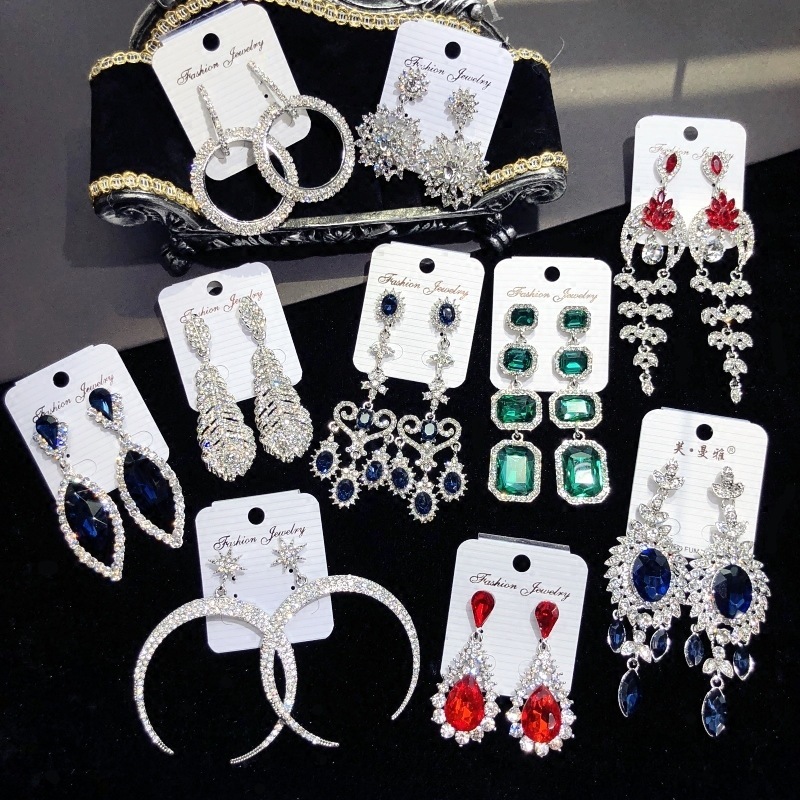 韩版名媛奢华水晶闪钻石耳钉女宴会夸张气质流苏耳环古韵锆石耳饰