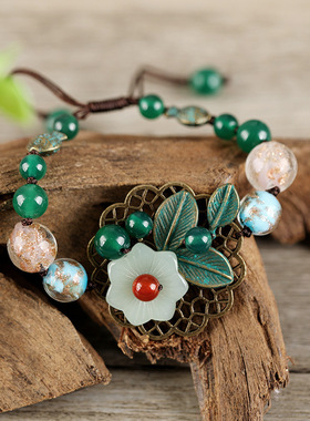 古韵民族风手链手工编织红玛瑙琉璃花朵手串女简约百搭中国风饰品