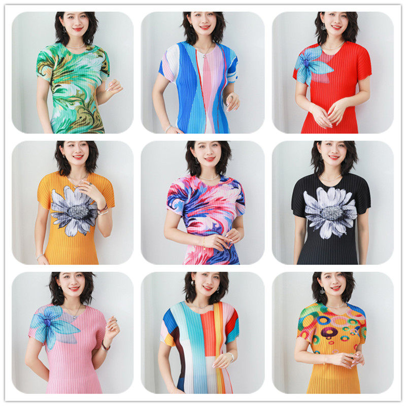 夏季新潮时尚褶皱印花打底衫短袖上衣女圆领显瘦遮肉妈妈气质T恤,女装/女士精品,T恤,淘宝优惠券,粉丝福利购,淘宝优惠卷