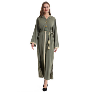 手工缝钻长袍长裙连衣裙TH940外贸 贴织带 春夏季 女士连帽长袖