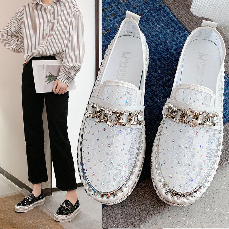 厚底乐福鞋女2021年夏季新款网红水钻蝴蝶结学生百搭一脚蹬豆豆鞋