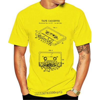 Men Tape Cassette Patent Black T-Shirt Simple Style Round Ne