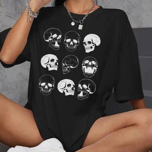 Skull Print Black T-Shirts for Women Short Sleeve Loose Grun