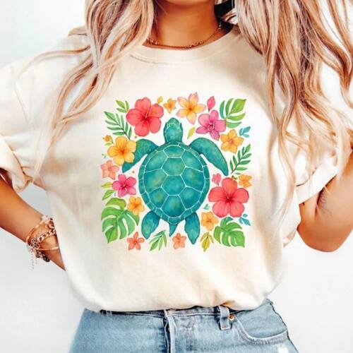 Floral Sea Turtle Women Shirt Summer Beach Tees Coastal Turt
