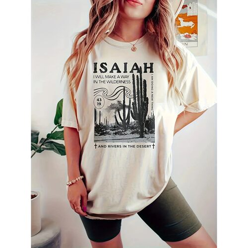 1218 Isai Cactus Print Crew Neck T-shirt, Casual Short Sleev