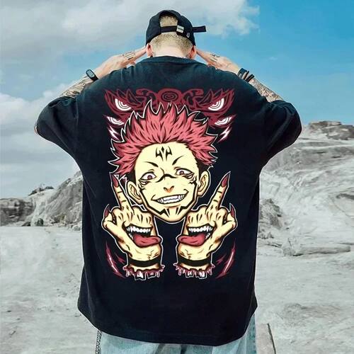 Japanese Anime Print T-Shirt Summer Men Oversized 100% Cotto