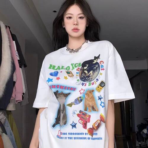6106Halo Cat Printed Funny T-Shirts For Women Grunge Y2K Aes