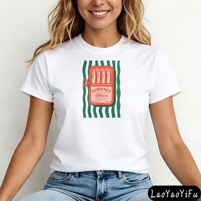 Contracted Design Vintage Canned Sardines Printed Shirt Retr