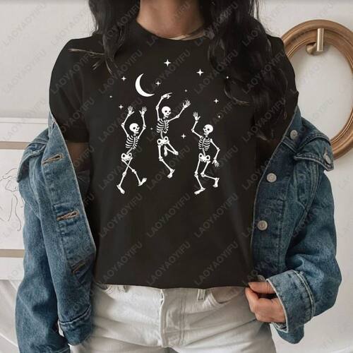 Halloween Skeleton Dancing Moon Star Printed T-shirt Woman C
