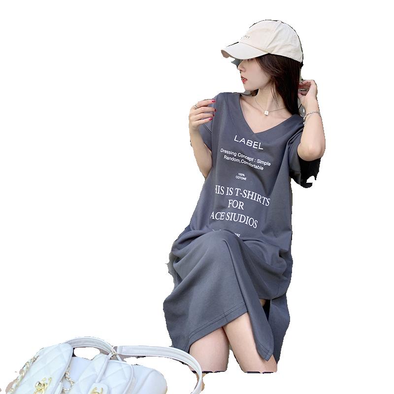 夏季寬松大碼顯瘦V領(lǐng)短袖t恤連衣裙女灰色睡衣懶人孕婦過(guò)膝長(zhǎng)裙子
