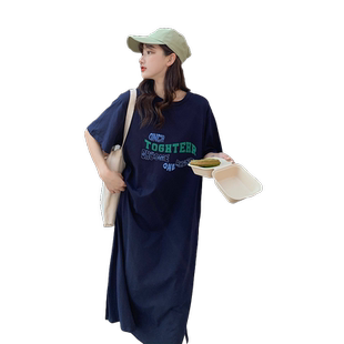 港味古着感少女宽松长款百搭显瘦慵懒风家居纯棉韩版短袖t恤裙子