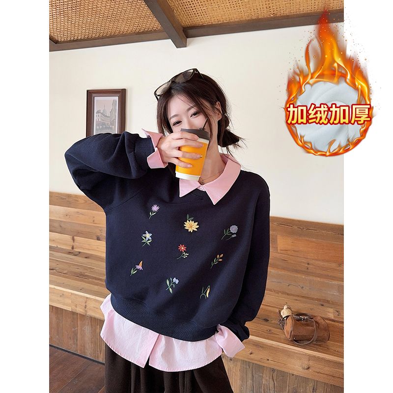 学院风刺绣花朵假两件卫衣女上衣