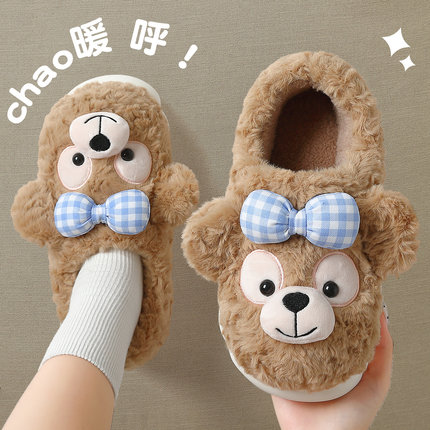 可爱小熊棉拖鞋女款包跟2025新款室内家居厚底外穿防滑毛毛绒棉鞋