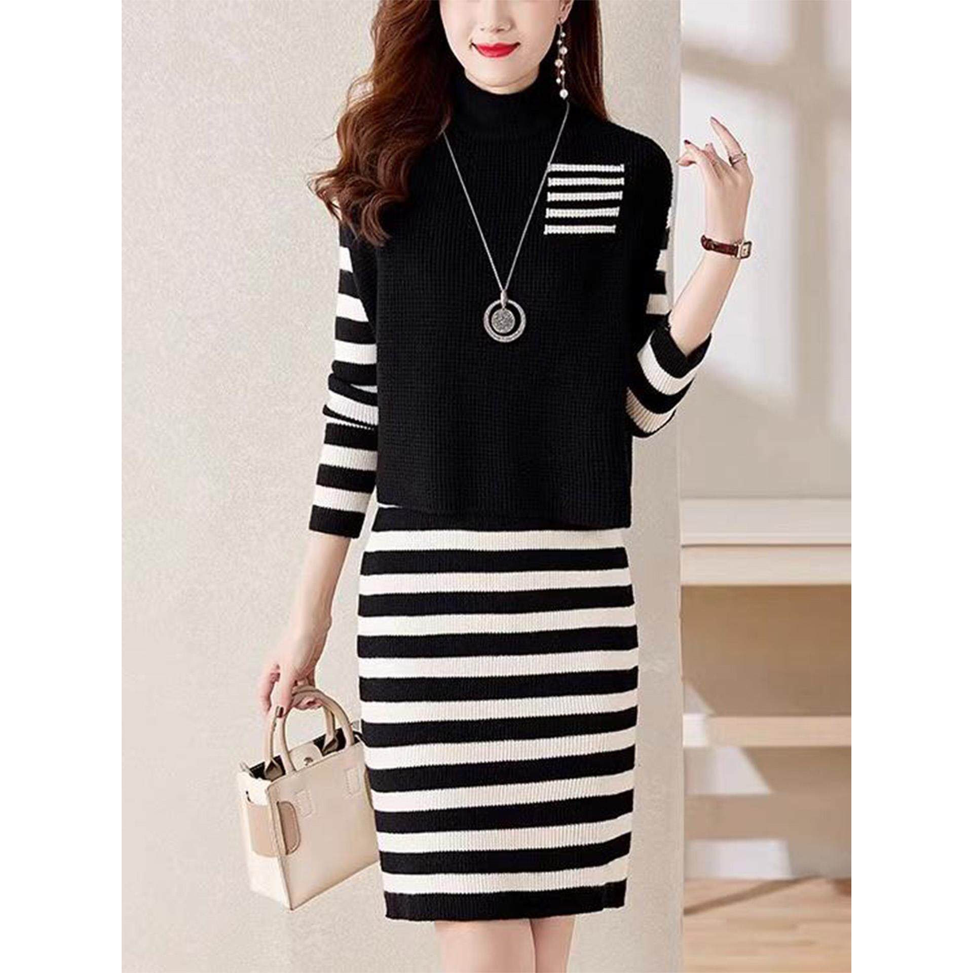 JOYIASS条纹针织连衣裙女秋冬新款修身显瘦小个子内搭毛衣两件套