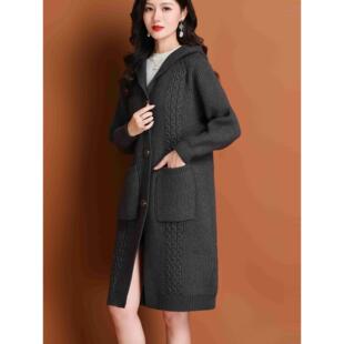 JOYIASS2025新款连帽中长款针织开衫女加厚外套宽松慵懒风毛衣大