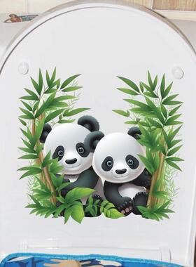两只可爱竹林熊猫创意浴室装饰贴画防水卫生间马桶贴纸自粘水箱贴