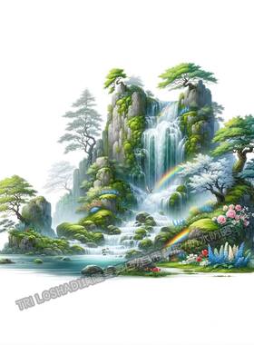 春天瀑布美景贴画海报墙面门窗装饰山水贴画宁静的春天清新装饰画