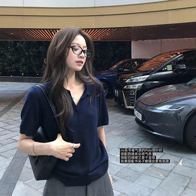 韩系藏青色polo针织衫T恤女夏季老钱风穿搭宽松正肩翻领短袖上衣