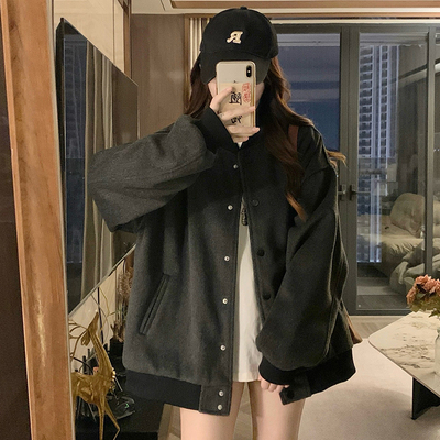 加棉加厚棒球服外套女2025秋冬新款宽松百搭休闲灰色夹克外套棉服