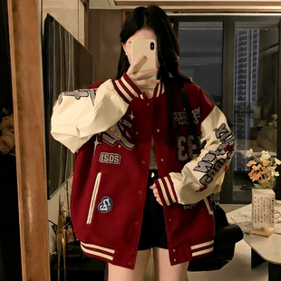 早春美式 休闲学院风撞色拼接夹克服 复古刺绣棒球服女外套宽松新款