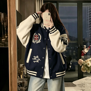 初秋学院风拼色刺绣棒球服外套女