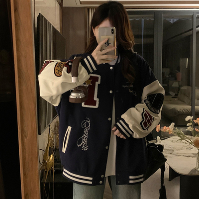 加棉美式棒球服外套女秋冬新款洋气宽松休闲学院风设计感夹克上衣