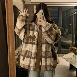 加绒仿羊羔毛外套女2025冬季 格子立领加厚休闲初高中学生棉衣棉服