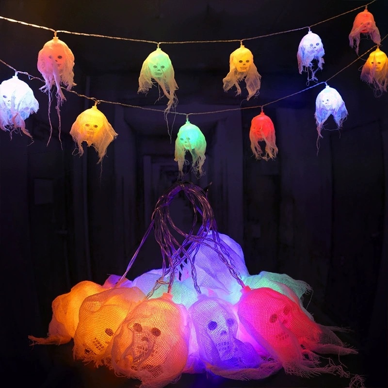 2025跨境led骷髅头纱布灯串万圣鬼节氛围酒吧布置鬼屋装饰彩灯