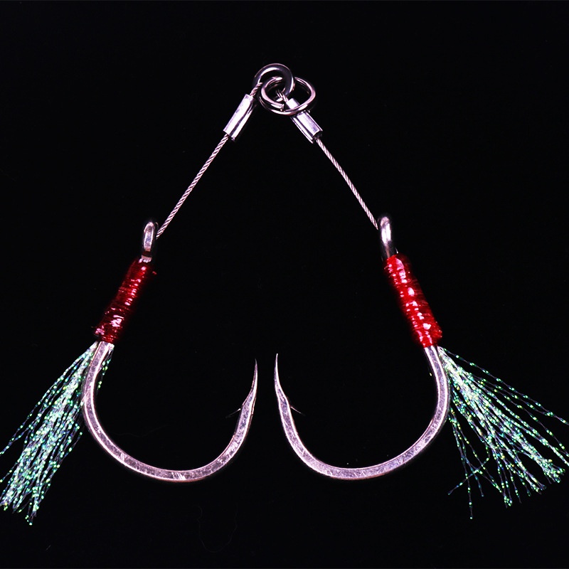 慕斯达10881铁板双钩船钓钩闪光丝海钓鱼钩防咬铁板钩亮丝拖钓钩