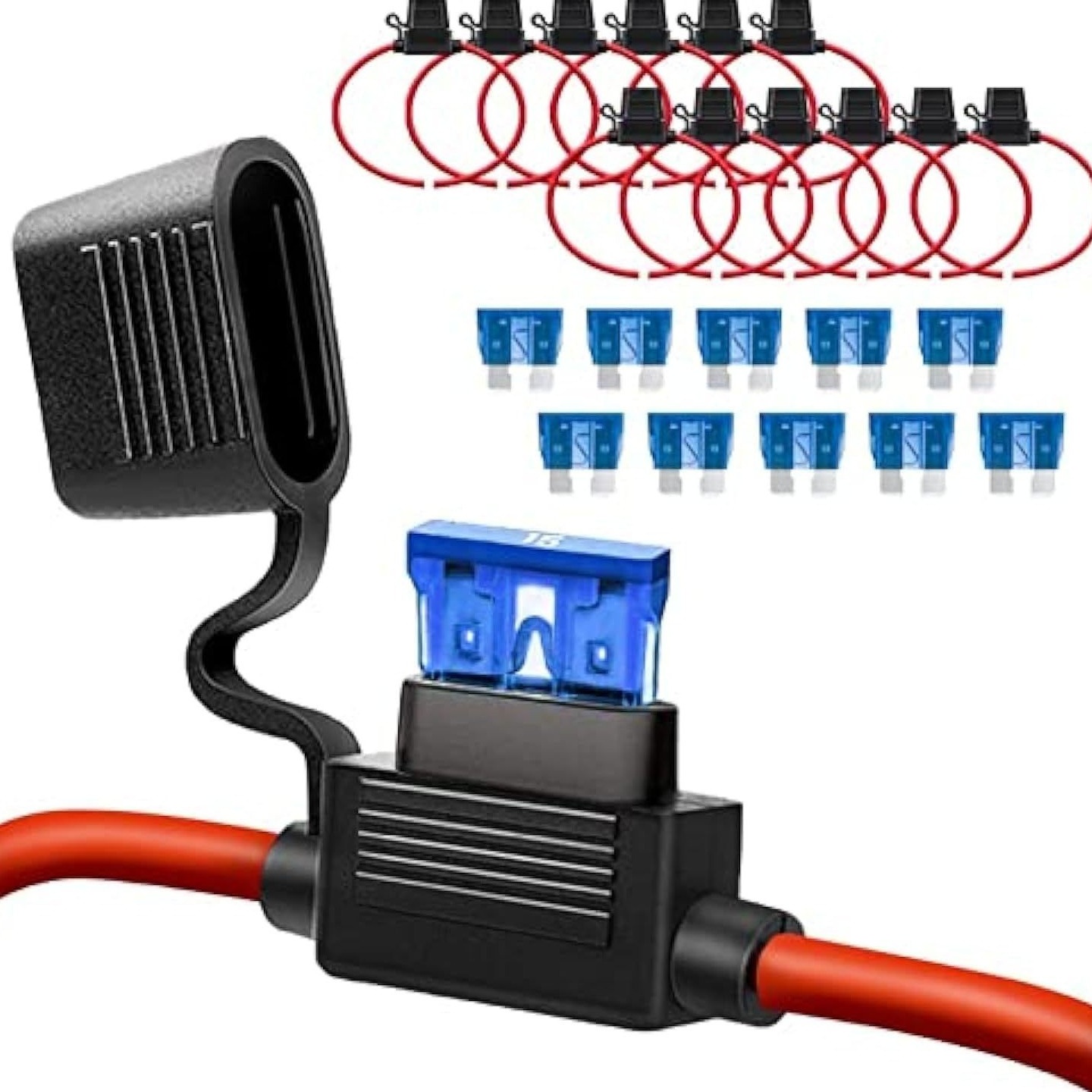 跨境批发20PCS袋装 15A内联插片式保险丝支架/汽车电路防水连接线