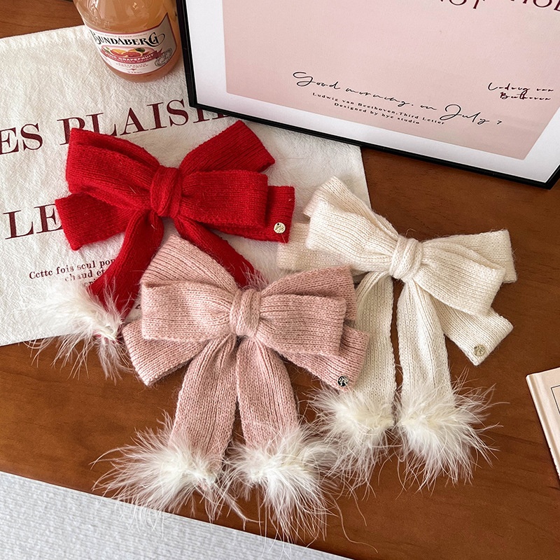 秋冬毛绒针织蝴蝶结发夹温柔氛围感后脑勺弹簧夹顶夹甜美发卡头饰