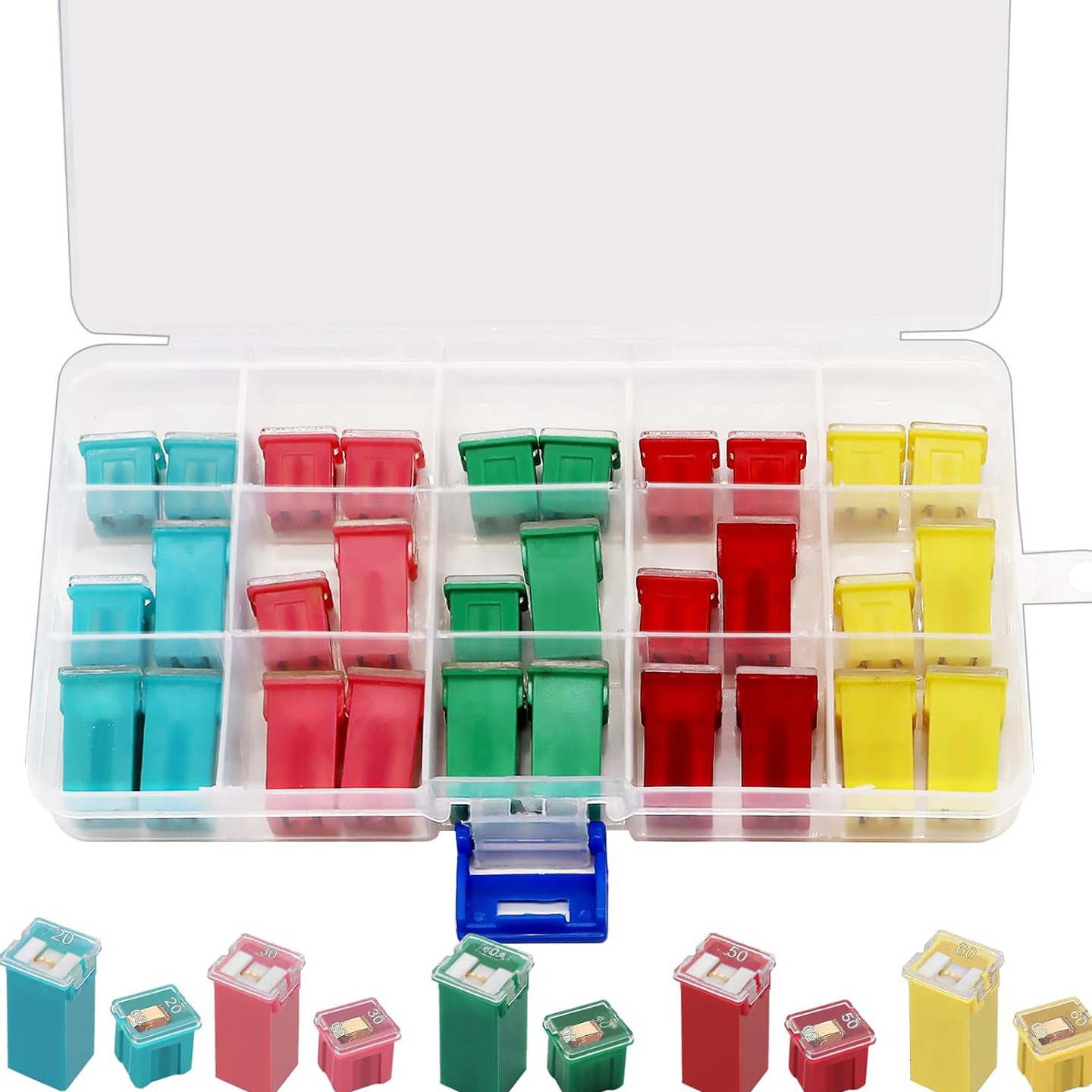 跨境批发30pcs盒装 20-60A汽车方形长短脚保险丝盒车用保险丝插片