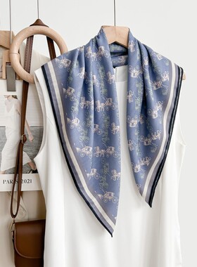 新款韩版莫兰迪蓝色马车印花65cm小方巾仿丝毛质感高级感女士丝巾